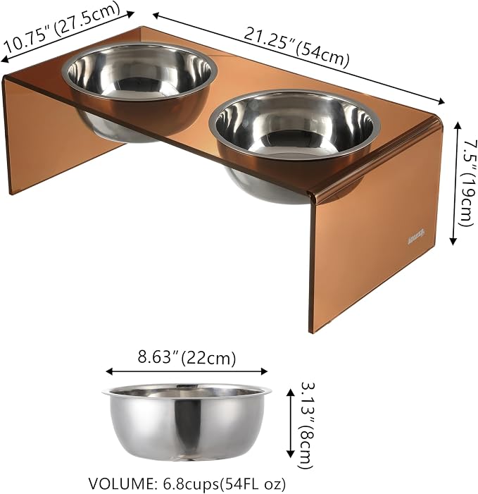 DBL2001D Keaton 7.5" Medium/Large Modern Acrylic Rectangular Elevated Pet Feeder with 54oz 2-Stainless Steel Bowls, Amber/Chrome