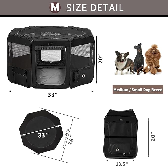 Dog Playpen Portable Pet Play Pens for Small Dog/Cat/Rabbit/Chicks, Cat Playpen Indoor/Outdoor with Carring Case, Removable Zipper Top and Bottom (Black, Medium (36"x36"x20"), 8)