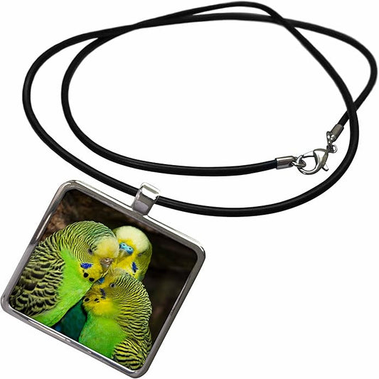 3dRose Three Kissing Budgie Budgerigar Birds Necklace With Rectangle Pendant