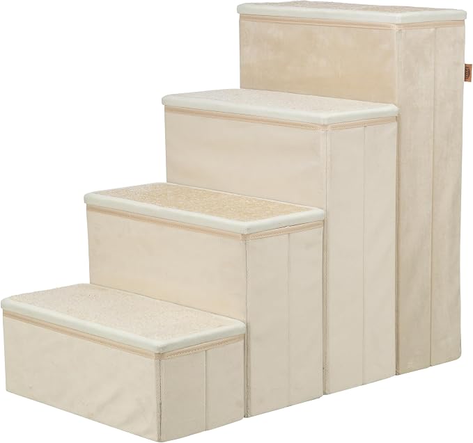 TRIXIE 4-Step Velour Pet Stairs, Beige | Collapsible, Storage Compartments for Pet Toys, Ideal for Dogs and Cats