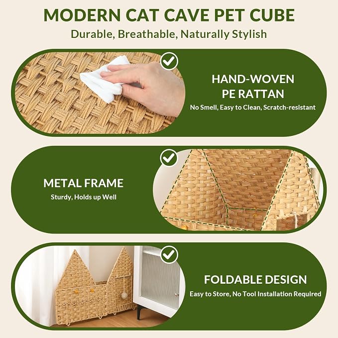 Handwoven Rattan Cat Bed for Indoor Kitten, Cat Cave Bed with Sisal Ball, Cushion & Cat Scratch Post, Foldable Hideaway Cat Hut in Bedroom Living Room, Natural