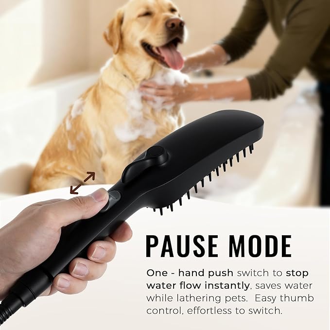 G-Promise 3 Mode Dog Shower Attachment with Pause Mode | High Pressure, Built-In Brush for Wash & Groom, Extra Long Hose, Easy Install, for Indoor & Outdoor Use