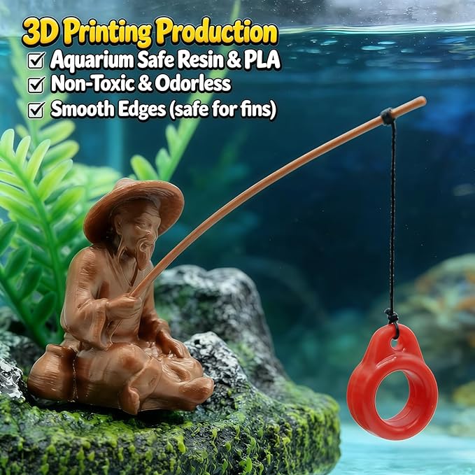Aquarium Floating Island Decoration with Interactive Fish Feeding Hook,Fish Tank Decorations for Betta,Guppy & Shrimp,Safe ABS Material Floating Fish Tank Decorations,3D Old Man