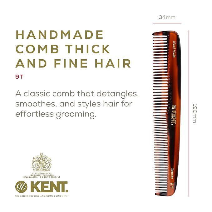 Kent 9T Tortoise Fine and Wide Tooth Detangler Hair Comb - Large Handmade and Saw-Cut Dressing Comb -for Wet and Dry, Hair Comb for Women and Durable Grooming Comb for Men, Made in England