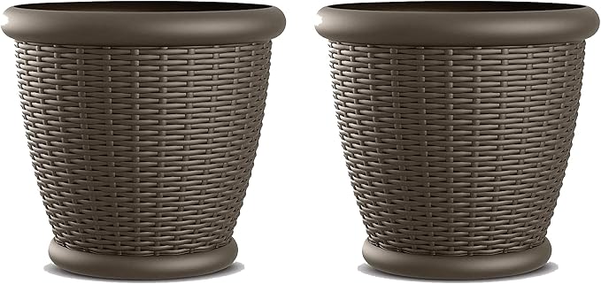 Suncast 2 Pack Wicker Planter w/Drillable Drain Holes, Decorative Indoor/Outdoor Pot, 18in, Java