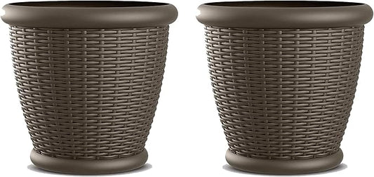 Suncast 2 Pack Wicker Planter w/Drillable Drain Holes, Decorative Indoor/Outdoor Pot, 18in, Java