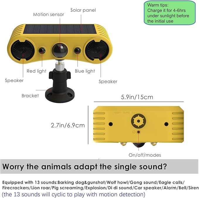 HULPPRE Solar Outdoor Motion Sensor Alarm-13 Sounds Including Dog Barking&Gunshot,2 * 130db Loud Noise Maker,4 Modes,Red&Blue Motion Activated Strobe Light,Say Goodbye to The Intruders
