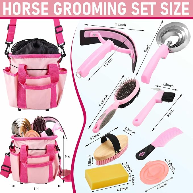 Cunhill 9 Pcs Horse Grooming Kit Tack Room Supplies Set with Tote Bag, Oval Massage Curry, Hard and Soft Brush, Hoof Pick, Sweat Scraper, Bathing Sponge, Comb for Horse Rider(Classic,Pink)
