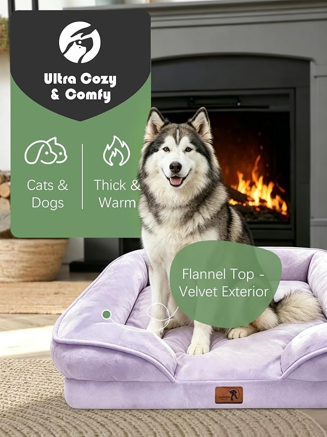 Spotted Play Orthopedic Dog Bed with Sides - Sofa Beds for Extra Large Dogs, Supportive Foam Pet Couch Bed with Washable Removable Cover, Waterproof Lining and Non-Slip Bottom, Purple - XL-Plus