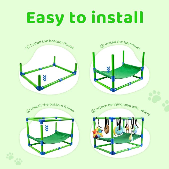 Puppy Play Gym with Hammock 8 Hanging Toys, Dog Jungle Gym Indoor Pets Cats Toys, Teething Chew Toys Puppy Gym Activities Center for Cats Adjustable Playground for Small Dogs at Home PVC Frame