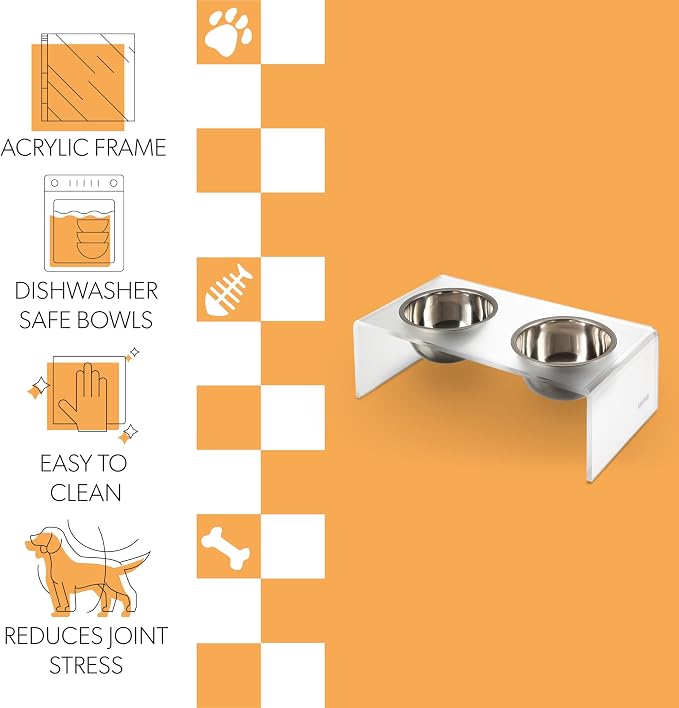 DBL2000K Keaton 5" Small/Medium Modern Acrylic Rectangular Elevated Pet Feeder with 20oz 2-Stainless Steel Bowls, Moon White/Chrome