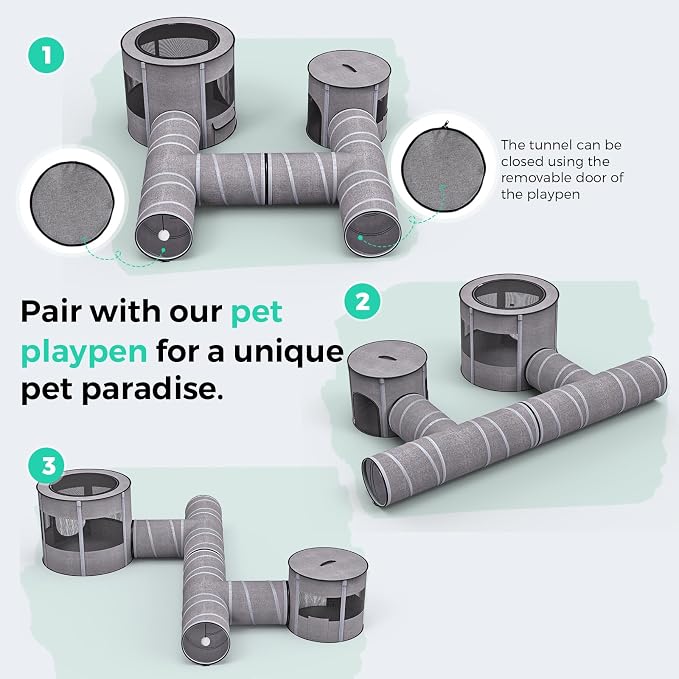 Cat Tunnel 4 Way with Teaser Wand & 2 Plush Ball, 5 Shapes Available, 54/80.7" L, H-Shaped Collapsible Pet Play Tube Maze for Kitten Puppy Bunny Ferret Rabbit, Indoor/Outdoor Peekaboo Cave