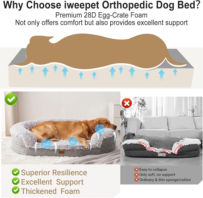 iweepet Fluffy Calming Orthopedic Dog Beds for Medium & Large Dogs, Supportive Dog Sofa Bed with 3.7 inch 28D Egg-Crate Foam, Removable Washable Plush Cover, Waterproof Lining, 41'',Grey