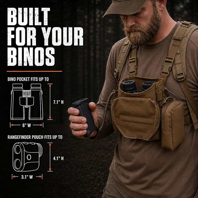 Binocular Harness Chest Pack - Bino Harness Hunting Chest Rig | Waterproof 500D Cordura case, silent magnetic closure, MOLLE rangefinder pouch, elk deer glassing