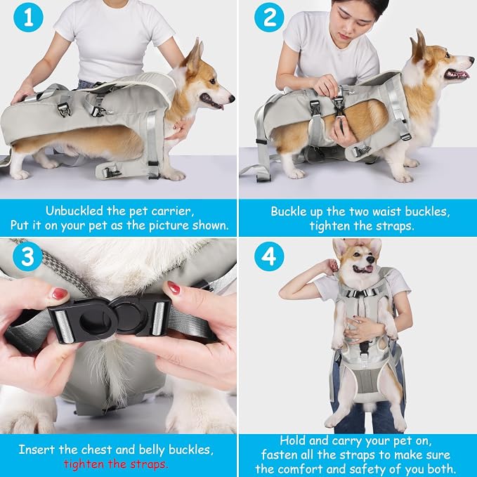 PetBonus Dog Front Carrier Backpacks, Legs Out Easy-fit Puppy Chest Carrier | Hands Free, Adjustable, Safety Strap, Walking Hiking Cycling Motorcycle bag, For Small Medium Dogs (Grey, L)