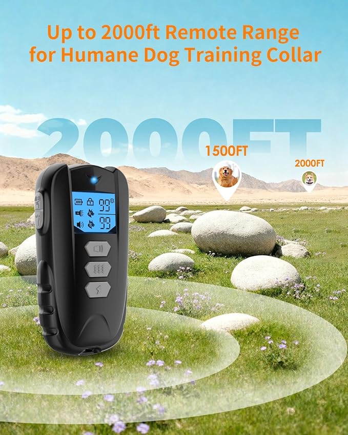 Dog Shock Collar with Remote Control – Shock Collar for Dogs 10–120 lbs, 2000FT Long Range IPX7 Waterproof Rechargeable Dog Training Collar with 4 Safe Modes Beep Vibration Shock & Flashlight Black