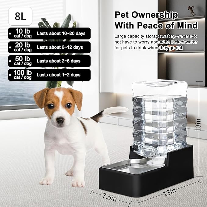 RIZZARI Stainless Steel Pet Water Feeder: 8L Gravity Waterer, Leak-Proof Auto Refill - Anti-Tip Stay-Put Base - No Power Needed - Easy Clean - for 20-35 lb Dogs - Home/Kitchen/Living Room