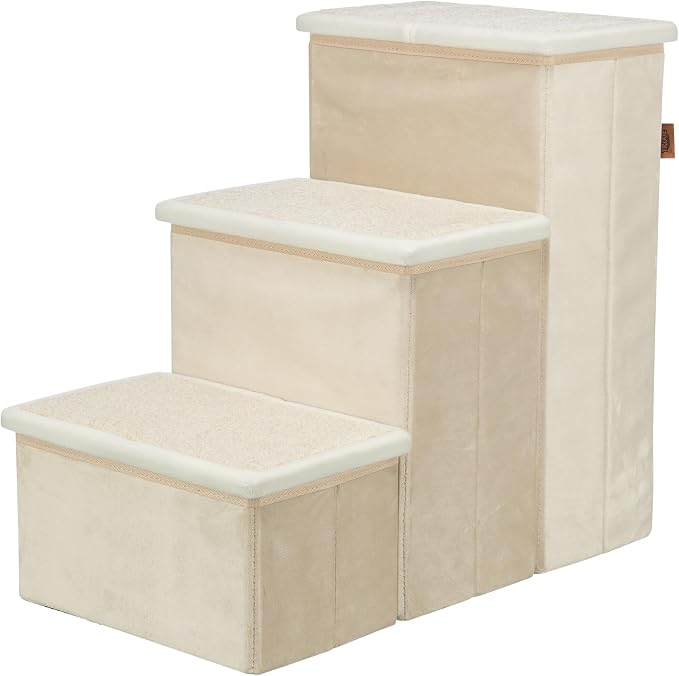 TRIXIE 3-Step Velour Pet Stairs, Beige | Collapsible, Storage Compartments for Pet Toys, Ideal for Small Dogs & Cats