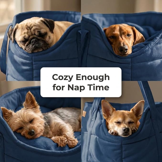 Plush Dog Purse Carrier for Small Dogs, Soft Dog Tote Bag with Safety Harness Clip, Cozy Pet Carrier for Dogs Under 15 lbs, Comfortable Dog Shoulder Carrier for Travel, Dark Blue
