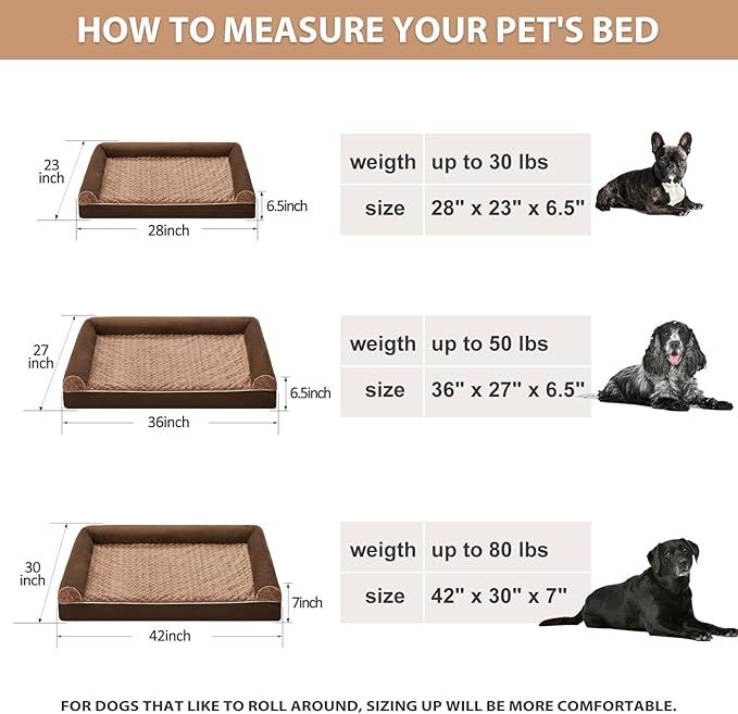 BFPETHOME Orthopedic Washable XLarge Dog Bed for Senior Dog Cozy Sleep | Extra Large Waterproof Big Soft Pet Couch Bed for Dogs Relax with Removable Cover Supportive Egg Crate Foam Brown 42x30 Inch
