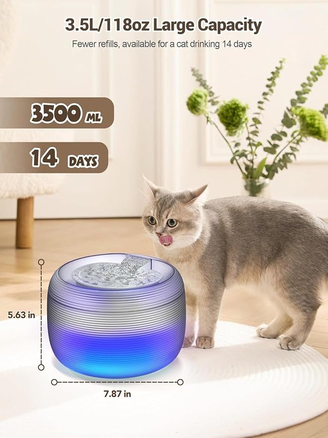 SIBAYS 3.5L Cat Water Fountain, 118oz Large Capacity Cat Fountains for Drinking with Water Level LED Light, Quiet Automatic Pet Water Fountain for Cats Indoor, Dog Water Dispenser Easy to Clean F-016B