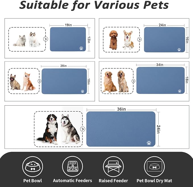 HotLive Dog Food Mat - Absorbent Cat Mat for Food and Water, No Stains Pet Feeding Bowl Mat, Easy to Clean Pet Placemats, Quick Dry Dog Water Dispenser Mat for Messy Drinkers | Paw Blue 12"x 19"