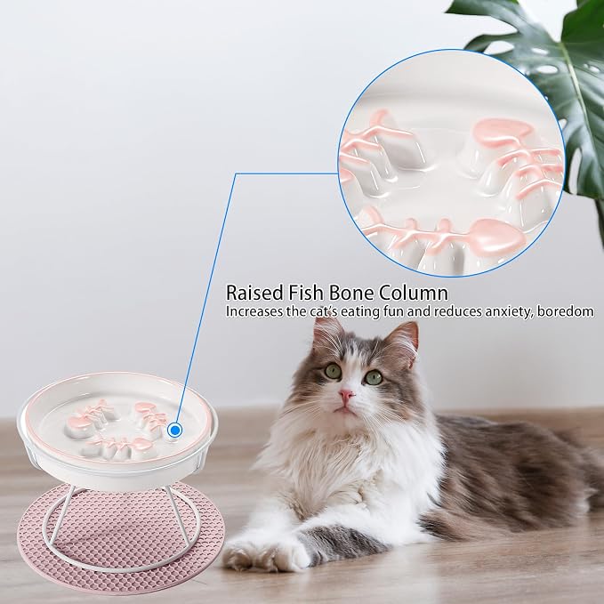 Ceramic Elevated Slow Feeder Cat Bowl, Anti Vomit, Removable Dish Pink | Removable Ceramic Bowl Elevated Slow Feeder Whisker-Friendly Wet & Dry Food Metal Stand