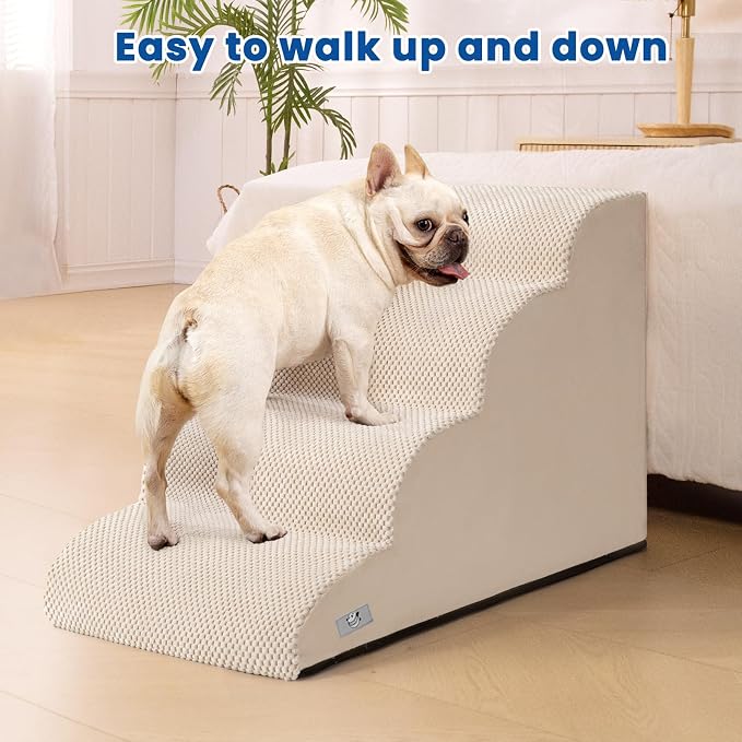 Dog Steps for Bed 17.7" H, 4-Step Pet Stairs Ramp for Small & Medium Dogs | Airpanda Dog Stairs with Washable Cover & High-Density Foam,Gentle Curved Design,Ideal for Senior & Short-Legged Dogs,Beige