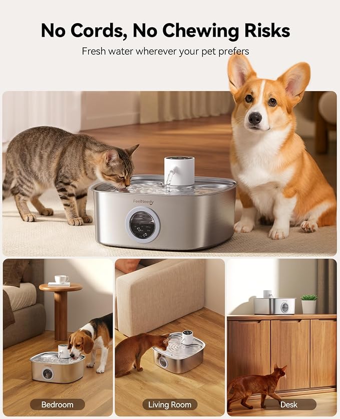 Cordless Wider Tray Dog Water Fountain, 5000mAh Battery Operated Dog Water Bowl Dispenser with 3 Motion Sensor, FEELNEEDY Stainless Steel Pet Water Fountain for Multi-Pets, Easy Setup & Clean, 8L