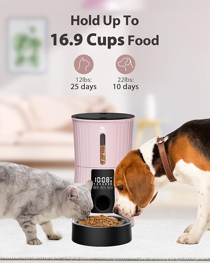 Timed Automatic Cat Feeder - 4L Dry Food Dispenser for Cats and Dogs | Programmable Portion Control, 6 Meals Daily, Dual Power Supply, 10-Second Voice Recorder, with Desiccant Bag, Pink