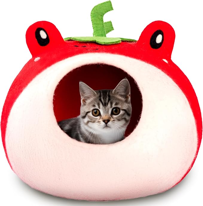 Luxurious Merino Wool Cat Cave - Foldable Hideaway Pod for Indoor Cats - Premium Felt Kitten Pet Enclosure - Covered Cat House for Ultimate Cozy Comfort by Woolygon (Red Frog)