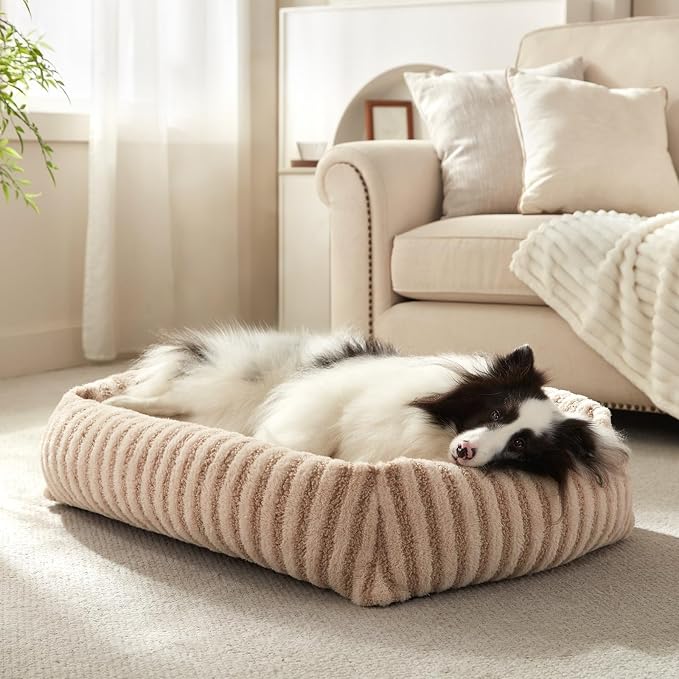 MIXJOY Dog Bed Medium Size Dog, Washable Medium Dogs Bed with Removable Cover, Soft Rectangle Doggy Ded Fluffy Plush Faux Fur Pet Bed with Anti-Slip Bottom, 30"x24"x8", Beige
