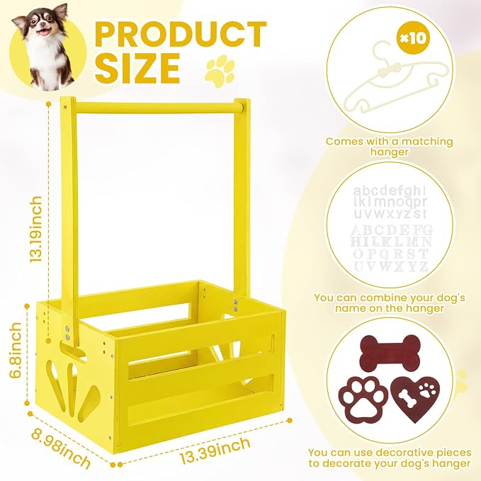 Teenyyou 20" x 13" x 9" Wooden Dog Closet Pet Wardrobe Crate Box with Hanging Rods and Personalized Alphabet Letters Easy Assembly Baskets for Dog Cat Toys Clothes Accessories(Yellow)
