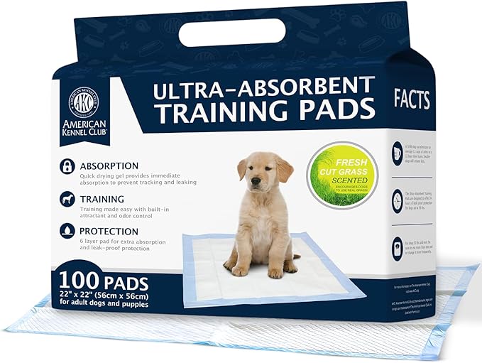AKC Puppy Training Pads, 22" x 22", Grass Scented, 100 Count | Scented dog pee pads help control odors with ultra absorbent quick-dry gel, leakproof layers and potty training protection.