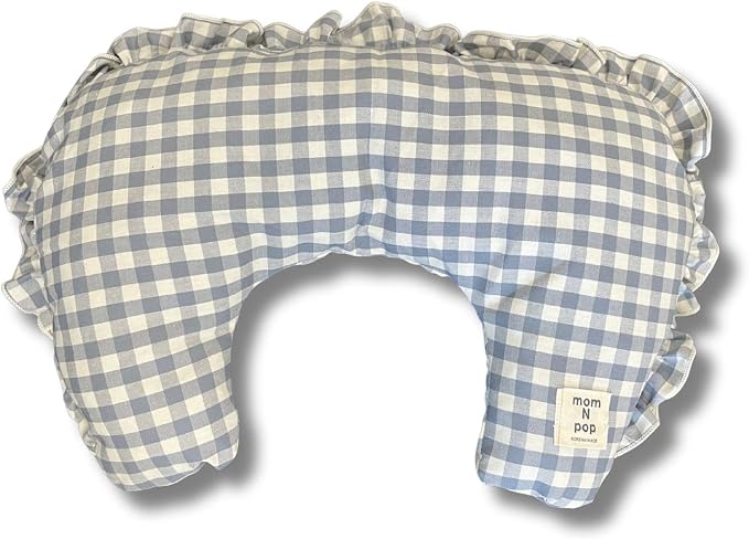 MOM N POP Pet Nap Pillow – Washable Gingham Check Cushion for Dogs & Cats, Soft Neck Support Bed (Beige/Blue) (Blue)
