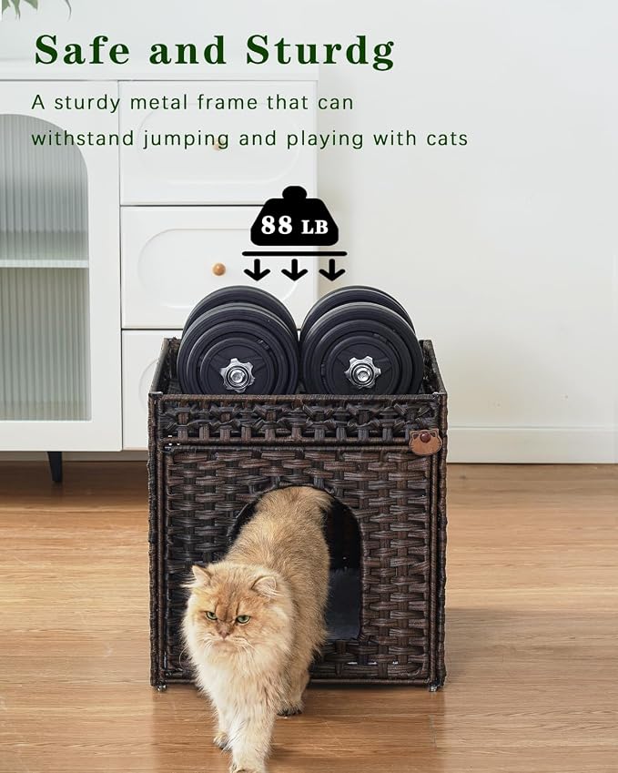 SETVSON Cat Beds for Indoor Cats Extra Large Double PE Rattan, Brown | Spacious Indoor Cat House Condo for Multi-Cats, Dual Layer Hideaway Cave, Reversible Cushion, Collapsible Metal Frame