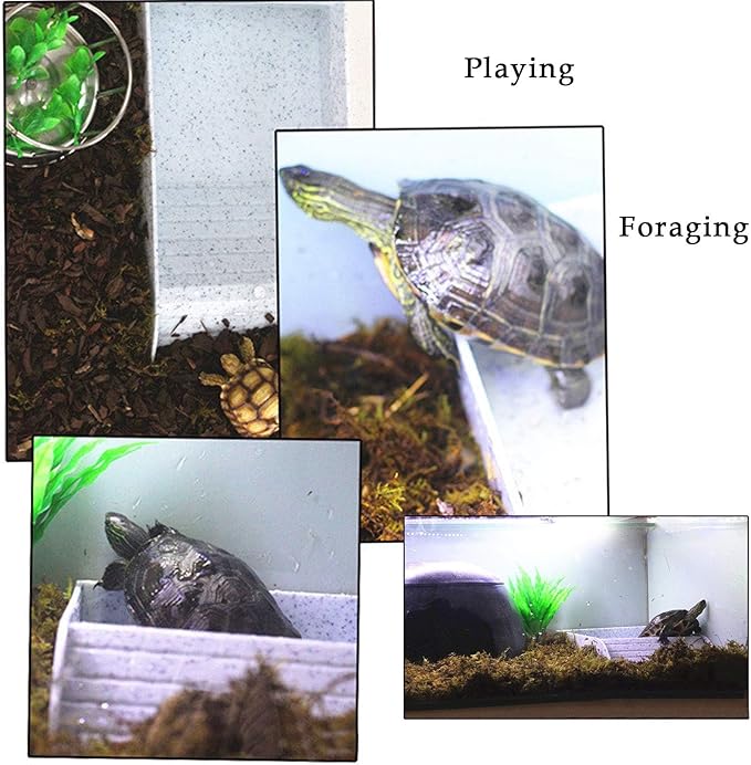kathson Reptile Tortoise Turtle Feeding Dish with Ramp and Basking Platform Plastic Turtle Food and Water Bowl Also Fit for Bath Horned Frogs Lizards Amphibians(White, Emulational Granite)