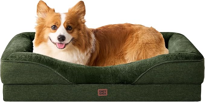 EHEYCIGA Orthopedic Dog Bed for Medium Dog, 35x22x6.5 Inch Memory Foam Dog Couch Bed with Sides, Waterproof Liner & Washable Removable Cover, Bolster Pet Sofa, Dark Green