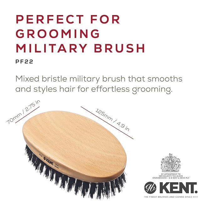 Kent PF22 Oval Black Military Brush - Boar and Nylon Bristle Mix for Men's Grooming, 360 Wave, and Facial Care. Made in England
