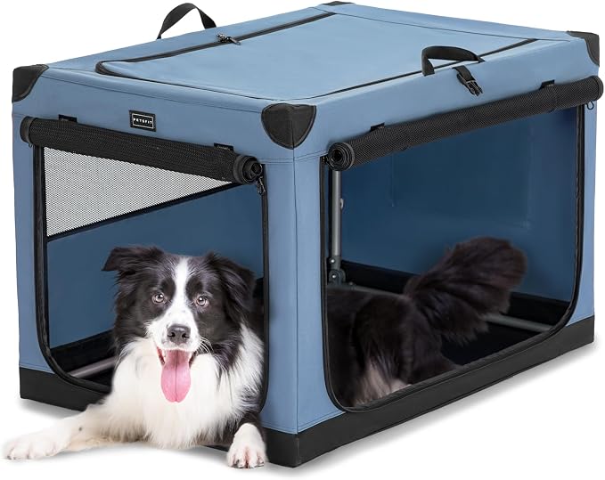 PETSFIT 36" Soft Portable Dog Crate – Patented Spiral Sturdy Frame, Collapsible Travel Kennel for Medium & Large Dogs, 3 Mesh Door, Lockable Zippers, Indoor & Car Use Blue