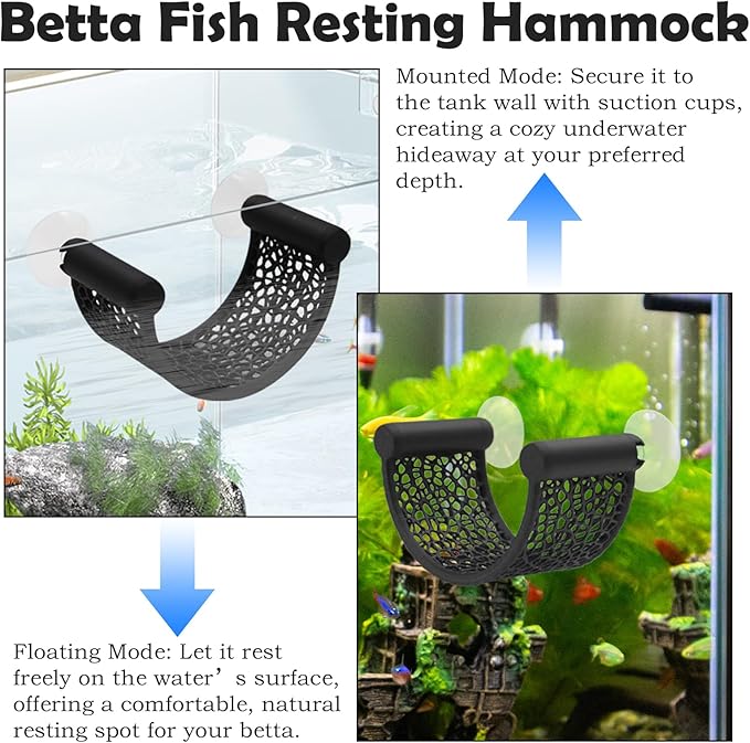 Betta Fish Hammock, U-Shaped Floating Fish Resting Spot with Suction Cup, Aquarium Decor for Small Tank, Tabletop Aquarium Accessories for Betta, Shrimp (Black)