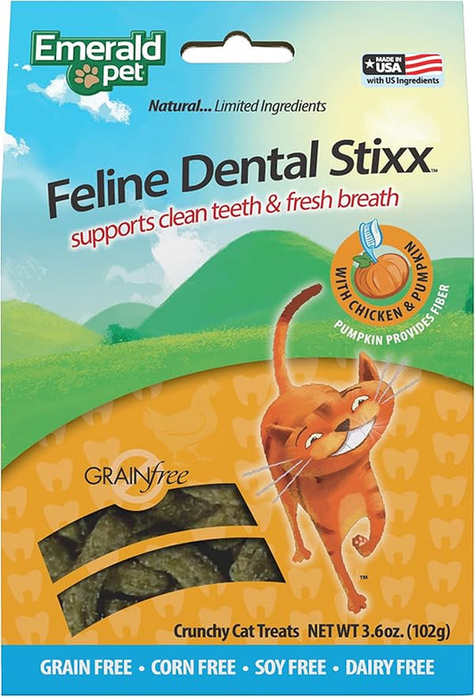 Emerald Pet Grain-Free Chicken Cat Dental Treats – Crunchy Dental Sticks for Cats to Clean Teeth, Reduce Plaque & Tartar, Freshen Breath – Pumpkin for Digestive Health, Natural Cat Chews, 3.6 oz