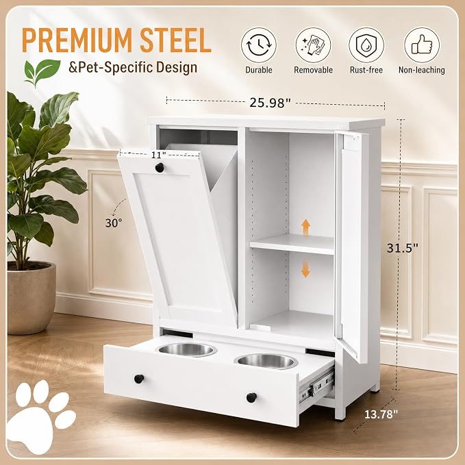 Dog Feeding Station Cabinet with Storage, Metal Pet Feeding Station with Storage, Tilt-Out Dog Food Storage Cabinet with 2 Stainless Steel Bowls, Hidden Feeding Station for Dogs & Cats, White
