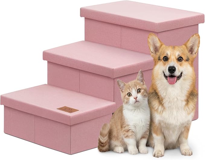Zerbuger Dog Stairs with Storage, Pink 3 Steps Dog Ramp no Condo for Bed | 18" H Wider Dog Steps for High Beds Couch, Folding Storage Pet Stairs Gift for Climbing Small/Medium/Large Old Dogs Cats