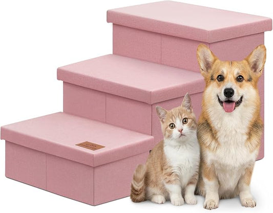Zerbuger Dog Stairs with Storage, Pink 3 Steps Dog Ramp no Condo for Bed | 18" H Wider Dog Steps for High Beds Couch, Folding Storage Pet Stairs Gift for Climbing Small/Medium/Large Old Dogs Cats