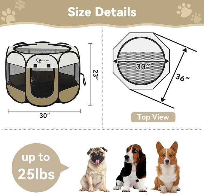 Siedihit Dog Cat Playpen, Medium Puppy Pet Playpen, Dog Crate Tent Cage | Indoor/Outdoor, Portable Pop Up Dogs Kennel Playpen with Carrying Case for Dogs/Cats/Rabbits (Khaki,Medium)