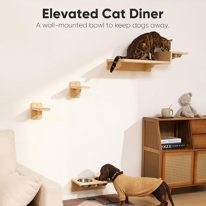 FUKUMARU Cat Wall Shelves, Food Station with 2 Steps | 3 in 1 Cats Walls Furniture Set, Birch Plywood Perch, Suitable for Kitten Play, Nap, Eat, DIY Wall Jungle Gym
