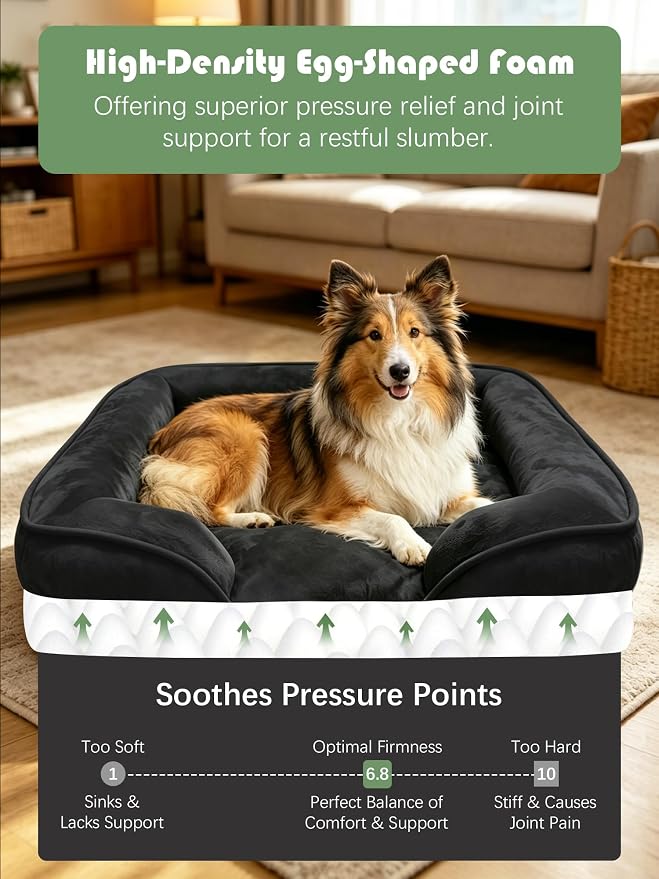 Spotted Play Orthopedic Dog Bed with Sides - Sofa Beds for Large Dogs, Supportive Foam Pet Couch Bed with Washable Removable Cover, Waterproof Lining and Non-Slip Bottom, Black - L-Plus