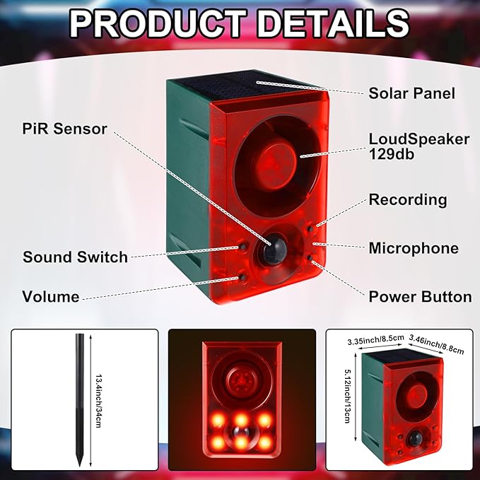 Qualirey 4 Pcs Solar Outdoor Motion Sensor Alarm with Stake Gunshot Sound Dog Barking, 3 Modes Support Recording and Adjustable Volume USB Charging 129 dB Loud Noise Maker for Animal Deterrent