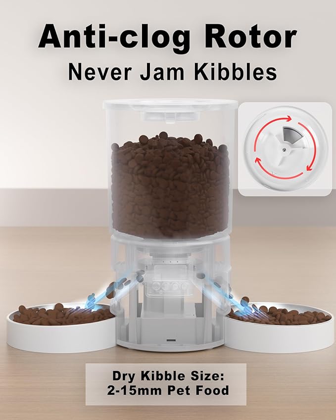 Automatic Cat Feeder 2 Cats, 4.2L Dry Food Auto Dispenser with Double Bowls,Dual Power Supply,Programmable Portion Control,10s Voice Recorder(Black,Stainless Steel Bowls) (Transparent+White)